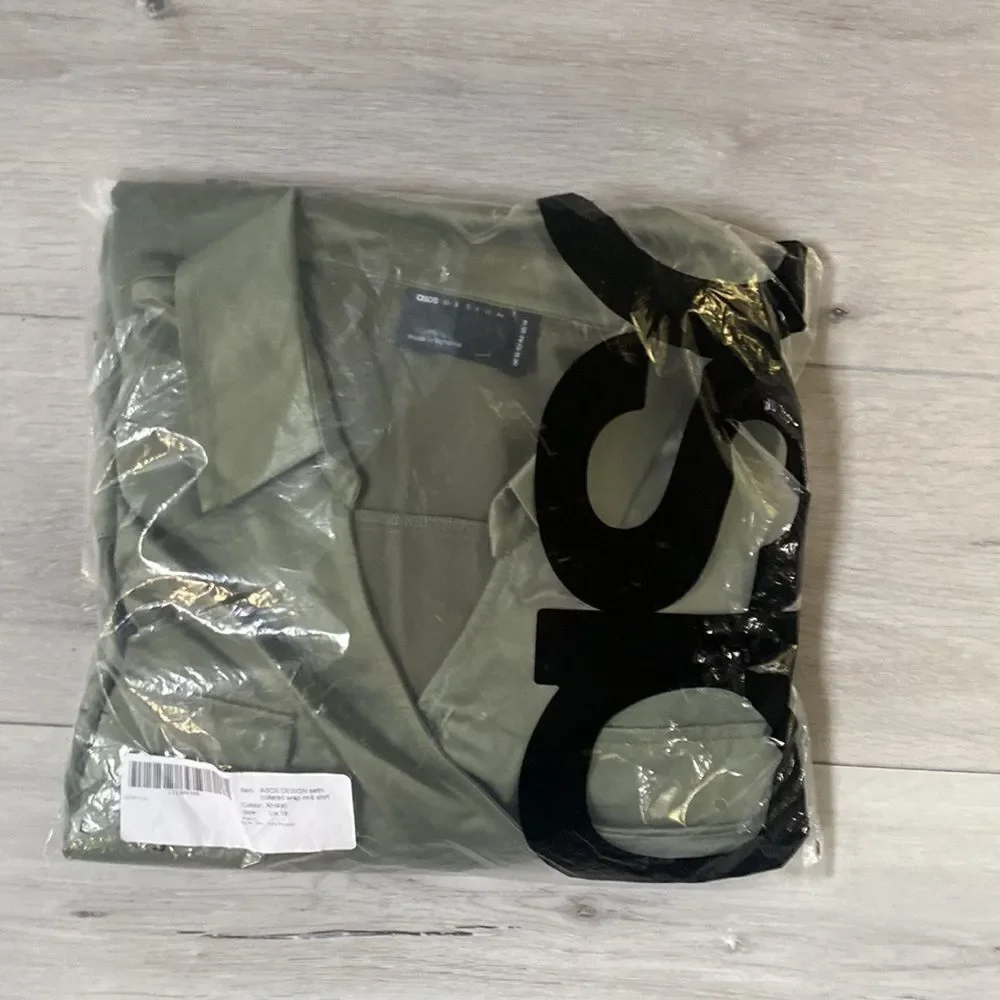 ASOS Design‎ Satin Collared Wrap Midi Shirt Khaki Size 14 NWT - Picture 5 of 7